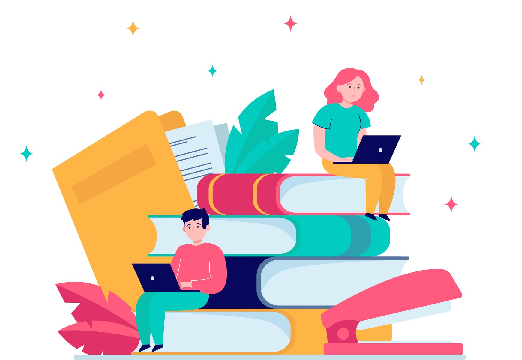 Vektorillustration: Junge Menschen sitzen mit Laptops auf Büchern.